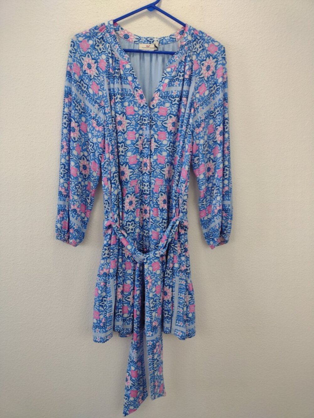 Vineyard Vines Women's Coastal Blooms Scarf Print Dress Medium Blue Long Sleeve